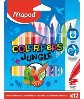 Maped Color´Peps Jungle Pack de 12 Rotuladores con Punta Media Bloqueada 2mm - Ojival, Suave y Flexible - Tinta Lavable - Colore