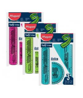 Maped Twist´n Flex Original Pack de Reglas Flexibles - Regla 15cm, Cartabon 60º/15cm, Transportador 180º/10cm - Colores Surtidos
