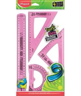 Maped Twist´n Flex Pack de Reglas Flexibles - Regla 30cm, Escuadra 45º/21cm, Cartabon 60º/21cm, Transportador 180º/12cm - Colore