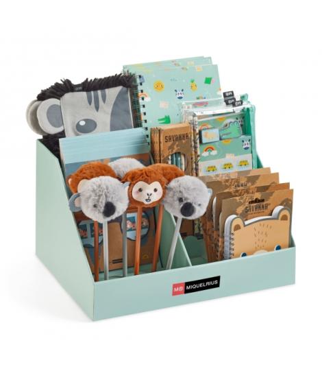 Miquel Rius Savanna Expositor Multiproducto con 29 Piezas Surtidas de Cuadernos, Portatodos, Lapices, Sets de Pegatinas y Boligr