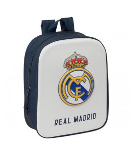 Safta Real Madrid Mochila Guarderia 3D - Asa de Mano - Compartimento Principal con Cremallera - 22x27x10cm - Color Blanco/Negro