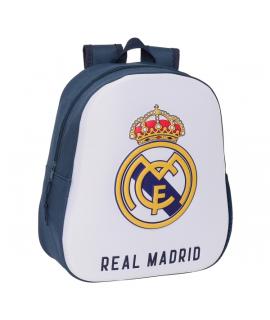 Safta Real Madrid Mochila 3D - Asa de Mano - Portabotellas Lateral - 27x33x10cm - Color Blanco/Negro