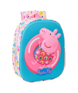 Safta Peppa Pig Mochila 3D - Asa de Mano - Portabotellas Lateral - 27x33x10cm - Color Azul/Rosa