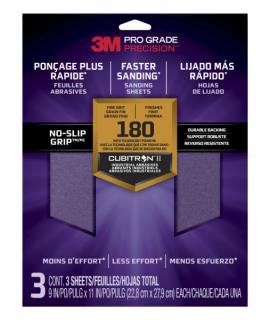 3M Pro Grade Precision Pack de 3 Hojas de Lijado - Grano 180 Fino - 22.8x27.9cm - Rendimiento Superior - Reduccion de Fatiga - C