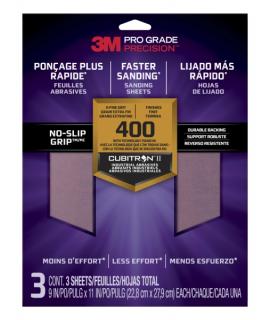 3M Pro Grade Precision Pack de 3 Hojas de Lijado - Grano 400 Extrafino - 22.8x27.9cm - Rendimiento Superior - Reduccion de Fatig