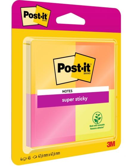 Post-It Super Sticky Pack de 4 Blocs de 45 Notas Adhesivas Reposicionables - 47.6x47.6mm - 100% PEFC - Colores Surtidos