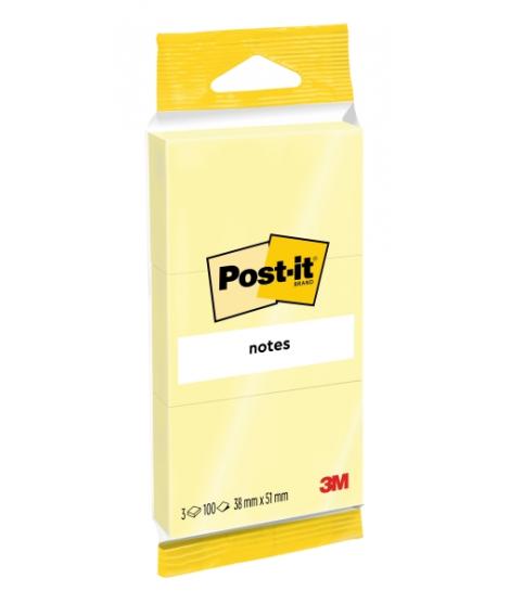 Post-It Pack de 3 Blocs de 100 Notas Adhesivas Reposicionables - 38x51mm - 100% PEFC - Color Amarillo Claro