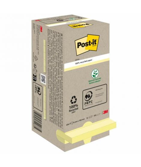 Post-It Pack de 16 Blocs de 100 Notas Adhesivas Recicladas - Forma Cuadrada - 76x76mm - Color Amarillo Claro