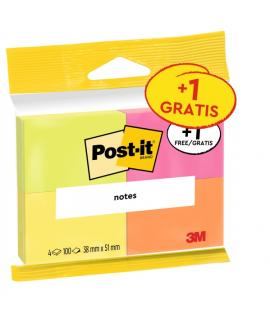Post-It Pack de 4 Blocs de 100 Notas Adhesivas Reposicionables - Colores Neon - 38x51mm - Promocion 3 Blocs + 1 Gratis - Colores