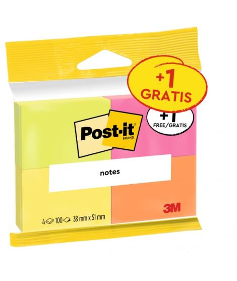 Post-It Pack de 4 Blocs de 100 Notas Adhesivas Reposicionables - Colores Neon - 38x51mm - Promocion 3 Blocs + 1 Gratis - Colores