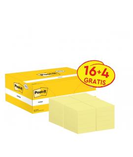 Post-It Pack de 20 Blocs de 100 Notas Adhesivas Reposicionables - Forma Rectangular - 38x51mm - Color Amarillo Claro