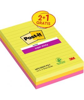 Post-It Super Sticky Pack de 3 Blocs de 75 Notas Adhesivas Reposicionables - Forma Rectangular - 101x152mm - Colores Surtidos
