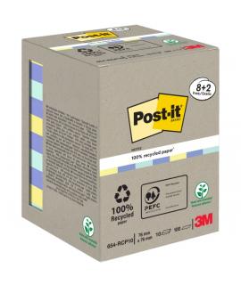 Post-It Pack de 10 Blocs de 100 Notas Adhesivas Recicladas - Forma Cuadrada - 76x76mm - Colores Surtidos