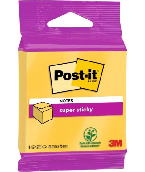 Post-It Super Sticky Cubo de 270 Notas Adhesivas Reposicionables - Forma Cuadrada - 76x76mm - Color Amarillo
