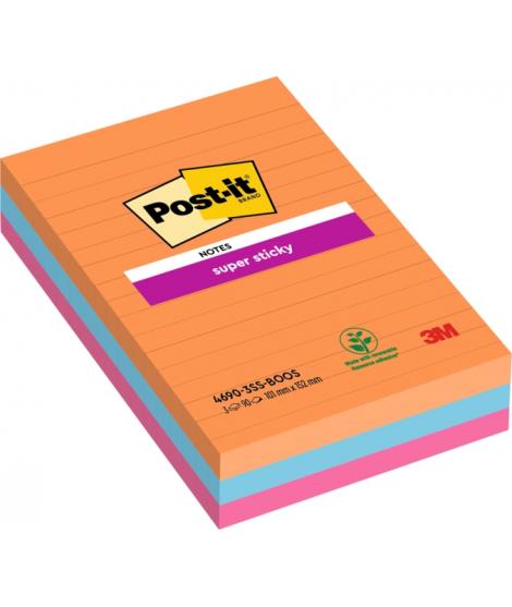 Post-It Super Sticky Pack de 3 Blocs de 90 Notas Adhesivas Reposicionables - Forma Rectangular - 101x101mm - Colores Surtidos