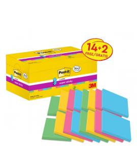 Post-It Super Sticky Pack de 16 Blocs de 90 Notas Adhesivas Reposicionables - Forma Cuadrada - 76x76mm - en Zig-Zag - Colores Su