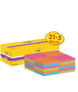 Post-It Super Sticky Pack de 24 Blocs de 90 Notas Adhesivas Reposicionables - 76x76mm - Promocion 21 Blocs + 3 Gratis - Colores 