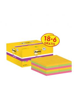 Post-It Super Sticky Pack de 24 Blocs de 90 Notas Adhesivas Reposicionables - 47.6x47.6mm - Promocion 18 Blocs + 6 Gratis - Colo