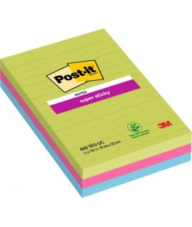 Post-It Super Sticky Pack de 3 Blocs de 90 Notas Grandes Adhesivas Reposicionables - con Lineas - 100% PEFC - Colores Surtidos