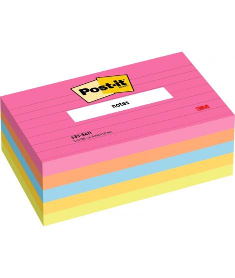 Post-It Pack de 5 Blocs de 100 Notas Adhesivas Reposicionables - con Lineas - 76x127mm - 100% PEFC - Colores Surtidos