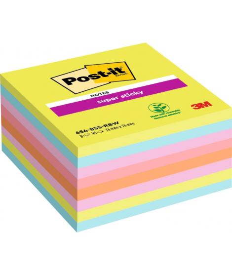Post-It Super Sticky Pack de 8 Blocs de 45 Notas Adhesivas Reposicionables - 76x76mm - 100% PEFC - Colores Surtidos