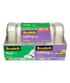 Scotch Magic/Giftwrap Pack de 6 Cintas Adhesivas Surtidas - 19mm x 27.9m - Color Transparente