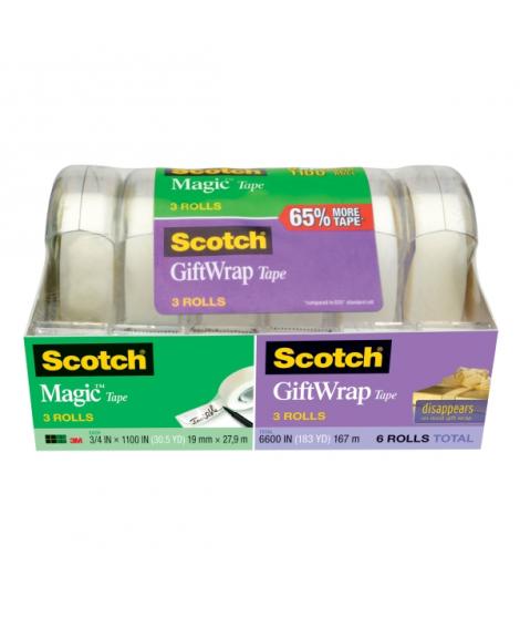 Scotch Magic/Giftwrap Pack de 6 Cintas Adhesivas Surtidas - 19mm x 27.9m - Color Transparente