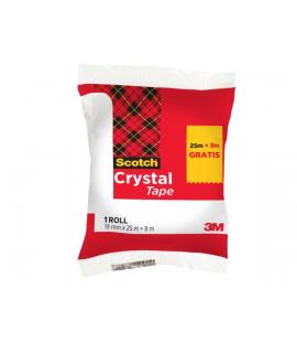 Scotch Crystal Cinta Adhesiva - 19mm x 33m - Promocion 25m + 8m Gratis - Color Transparente
