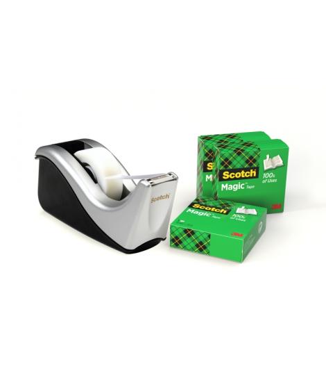 Scotch Magic Dispensador de Cinta Adhesiva - para Cintas de hasta 19mm x 33m - Incluye 4 Cintas Adhesivas - Color Negro/Gris