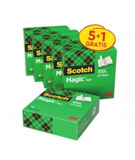 Scotch Magic Pack de 6 Cintas Adhesivas Invisible - 19mm x 33m - Promocion 5 + 1 Gratis - Color Transparente