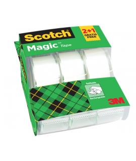 Scotch Magic Pack de 3 Cintas Adhesivas Invisibles - 19mm x 7.5m - Promocion 2 + 1 Gratis - Incluye Dispensador - Color Transpar