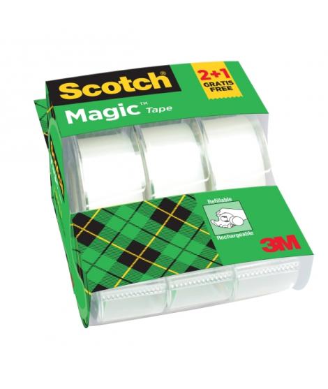 Scotch Magic Pack de 3 Cintas Adhesivas Invisibles - 19mm x 7.5m - Promocion 2 + 1 Gratis - Incluye Dispensador - Color Transpar