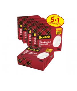 Scotch Super-Hold Pack de 6 Cintas Adhesivas - Extrafuerte - 19mm x 25.4m - Promocion 5 + 1 Gratis - Color Transparente