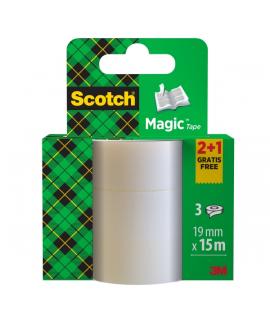 Scotch Magic Pack de 3 Cintas Adhesivas Invisible - 19mm x 15m - Promocion 2 Unidades + 1 Gratis - Color Transparente