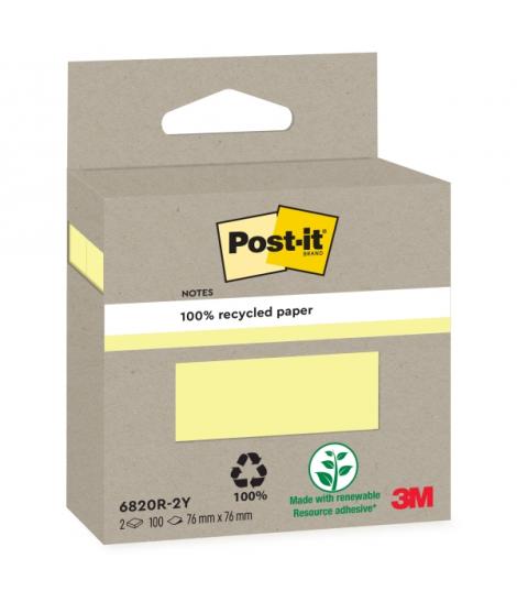 Post-It Pack de 2 Blocs de 100 Notas Adhesivas Recicladas - Forma Cuadrada - Color Amarillo Claro