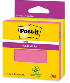 Post-It Super Sticky Pack de 3 Blocs de 45 Notas Adhesivas Reposicionables - 76x76mm - 100% PEFC - Colores Surtidos
