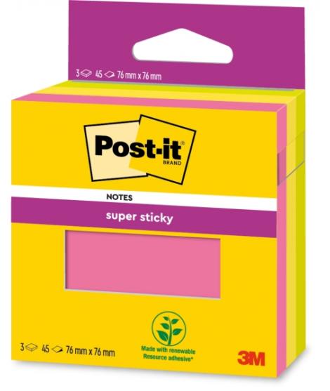 Post-It Super Sticky Pack de 3 Blocs de 45 Notas Adhesivas Reposicionables - 76x76mm - 100% PEFC - Colores Surtidos