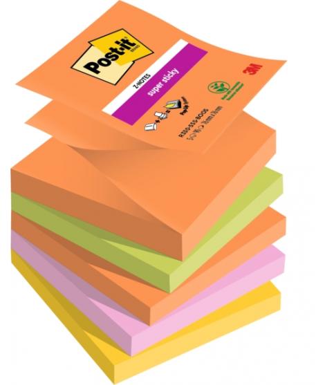 Post-It Super Sticky Pack de 5 Blocs de 90 Notas Adhesivas Reposicionables - Forma Cuadrada - 76x76mm - en Zig-Zag - Colores Sur