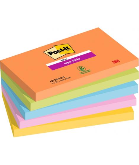 Post-It Super Sticky Pack de 5 Blocs de 90 Notas Adhesivas Reposicionables - Forma Rectangular - 127x76mm - Colores Surtidos