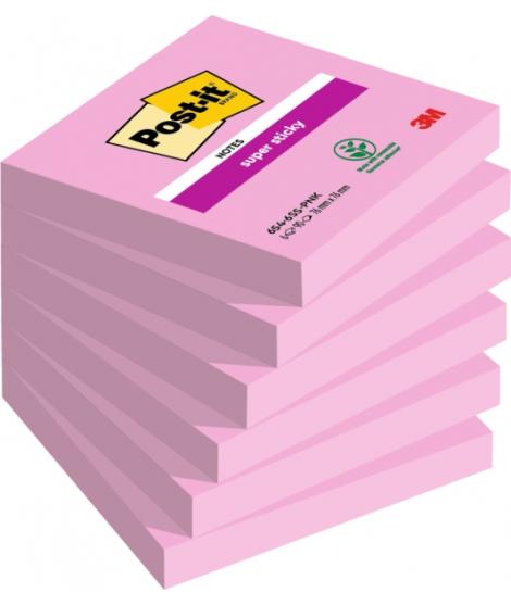 Post-It Super Sticky Pack de 6 Blocs de 90 Notas Adhesivas Reposicionables - 76x76mm - 100% PEFC - Color Rosa