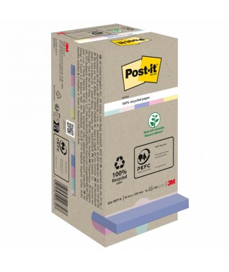 Post-It Pack de 16 Blocs de 100 Notas Adhesivas Recicladas - Forma Cuadrada - 76x76mm - Colores Surtidos
