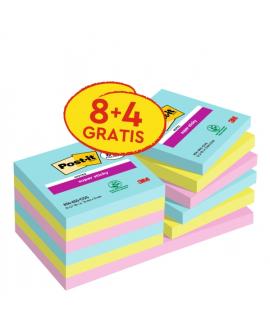 Post-It Super Sticky Pack de 12 Blocs de 90 Notas Adhesivas Reposicionables - Coleccion Cosmic - 76x76 mm - + 4 Gratis - Colores