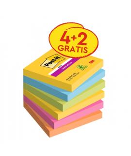 Post-It Super Sticky Pack de 6 Blocs de 90 Notas Adhesivas Reposicionables - Forma Cuadrada - 76x76mm - Colores Surtidos