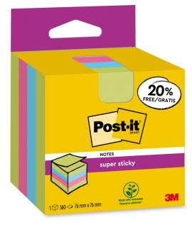 Post-It Super Sticky Cubo de 300 Notas Adhesivas Reposicionables - 76x76mm - 100% PEFC - Colores Surtidos