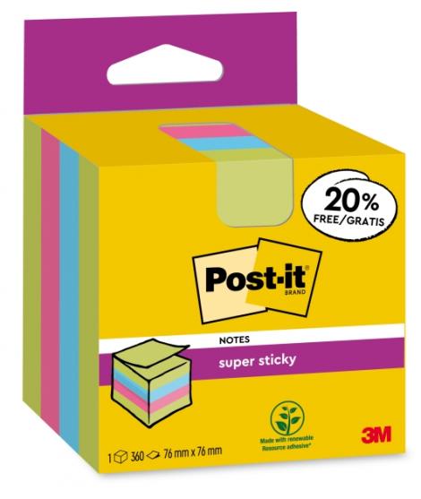 Post-It Super Sticky Cubo de 300 Notas Adhesivas Reposicionables - 76x76mm - 100% PEFC - Colores Surtidos