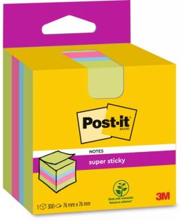 Post-It Super Sticky Cubo de 300 Notas Adhesivas Reposicionables - 76x76mm - 100% PEFC - Colores Surtidos