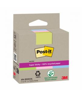 Post-It Super Sticky Pack de 3 Blocs de 70 Notas Adhesivas Recicladas - Forma Cuadrada - 76x76mm - Colores Surtidos