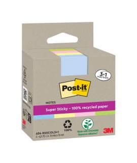 Post-It Super Sticky Pack de 4 Blocs de 70 Notas Adhesivas Recicladas - Forma Cuadrada - 76x76mm - Colores Surtidos