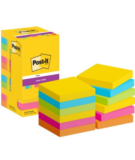Post-It Super Sticky Pack de 12 Blocs de 90 Notas Adhesivas Reposicionables - Forma Cuadrada - 76x76mm - Colores Surtidos