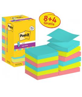 Post-It Super Sticky Pack de 12 Blocs de 90 Notas Adhesivas Reposicionables - Forma Cuadrada - 76x76mm - en Zig-Zag - Colores Su